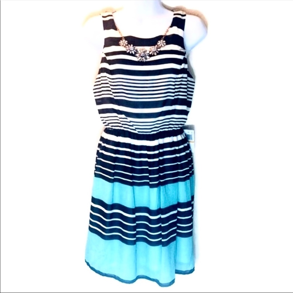 NEW As U Wish black turquoise white horizontal striped sleeveles dress size 7
